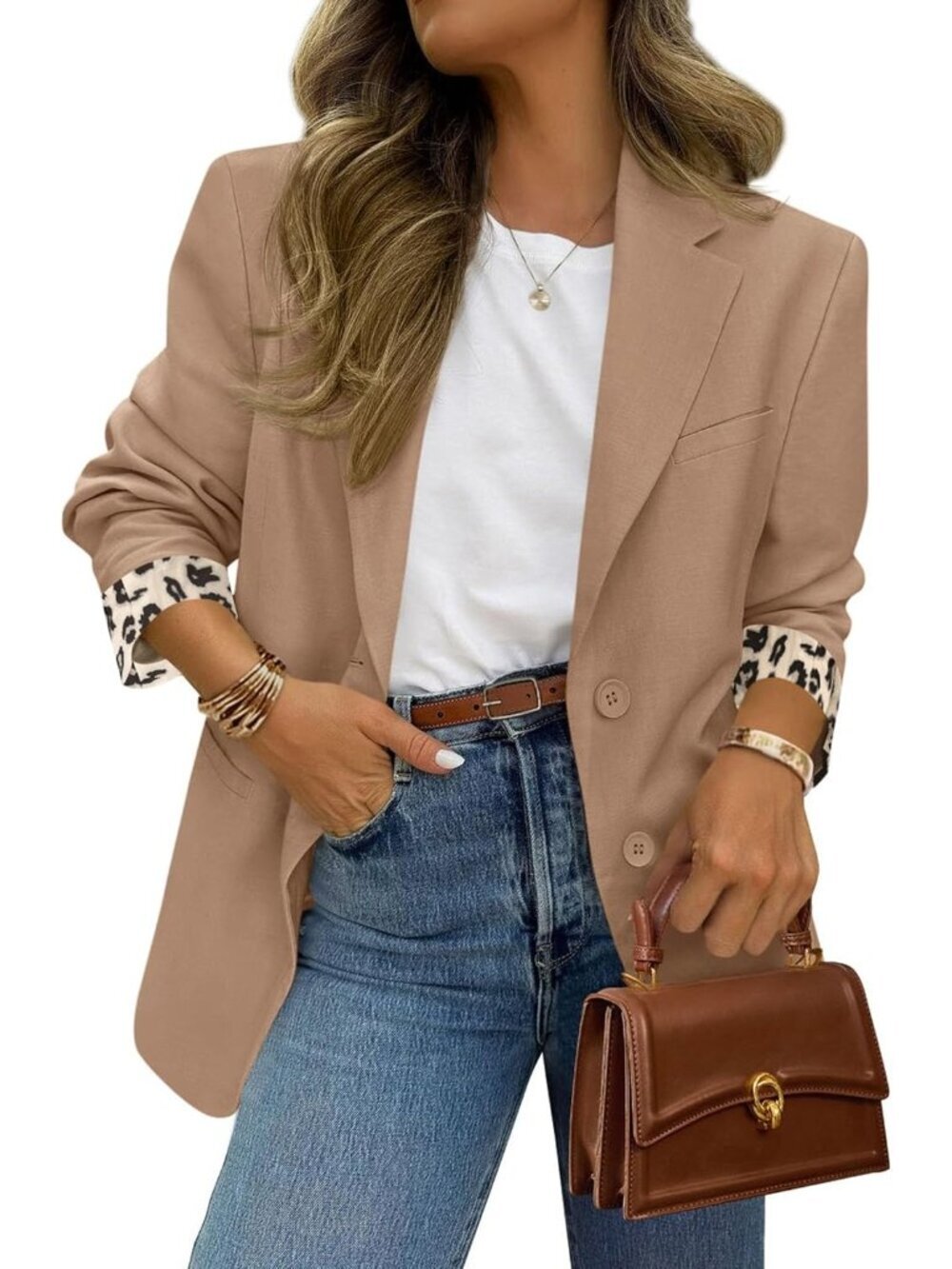 Women's Khaki Spring Work Office Suit Jackets Dressy Open Front Leopard Blazer